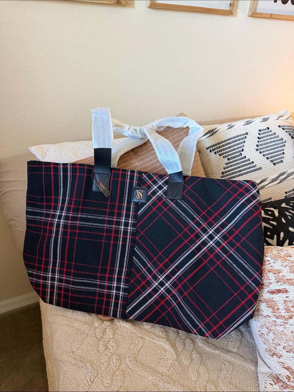 Victoria’s Secret Plaid Tote Bag with Red & White Accents